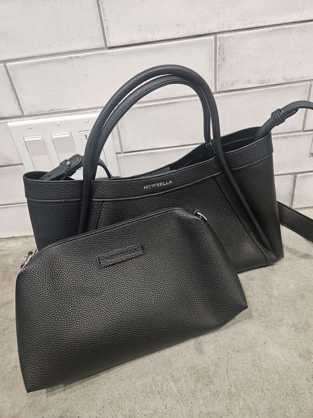 Newbella Black Pebbled Satchel with Matching Pouch
